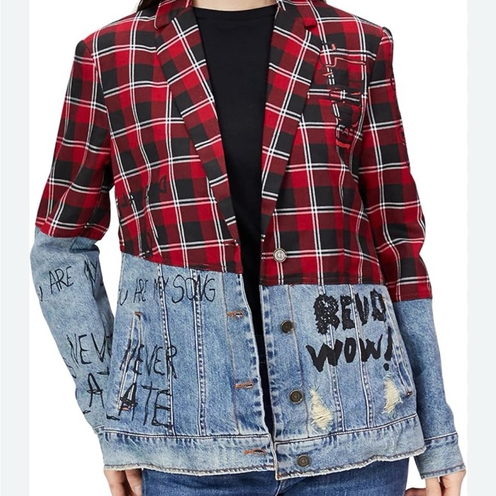 Desigual Red and Black Plaid Blazer